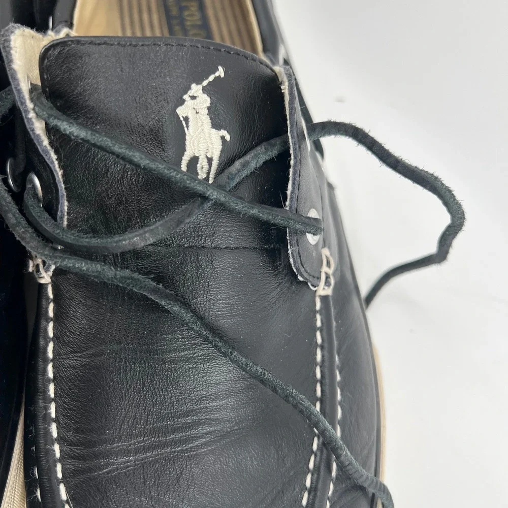 Polo Ralph Lauren Sander Mens 14D Black Leather Boat Shoes Sneakers 0200001087‎